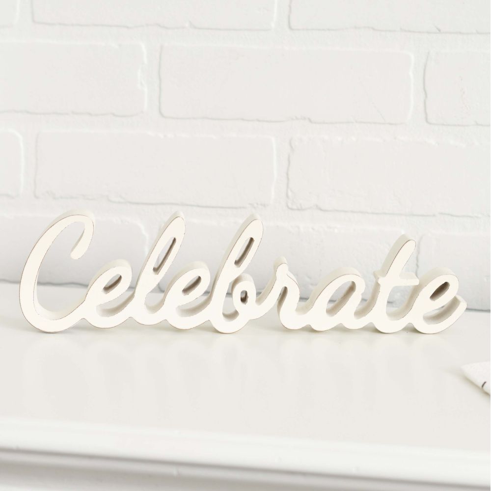 12" Wood Cutout - Celebrate | White