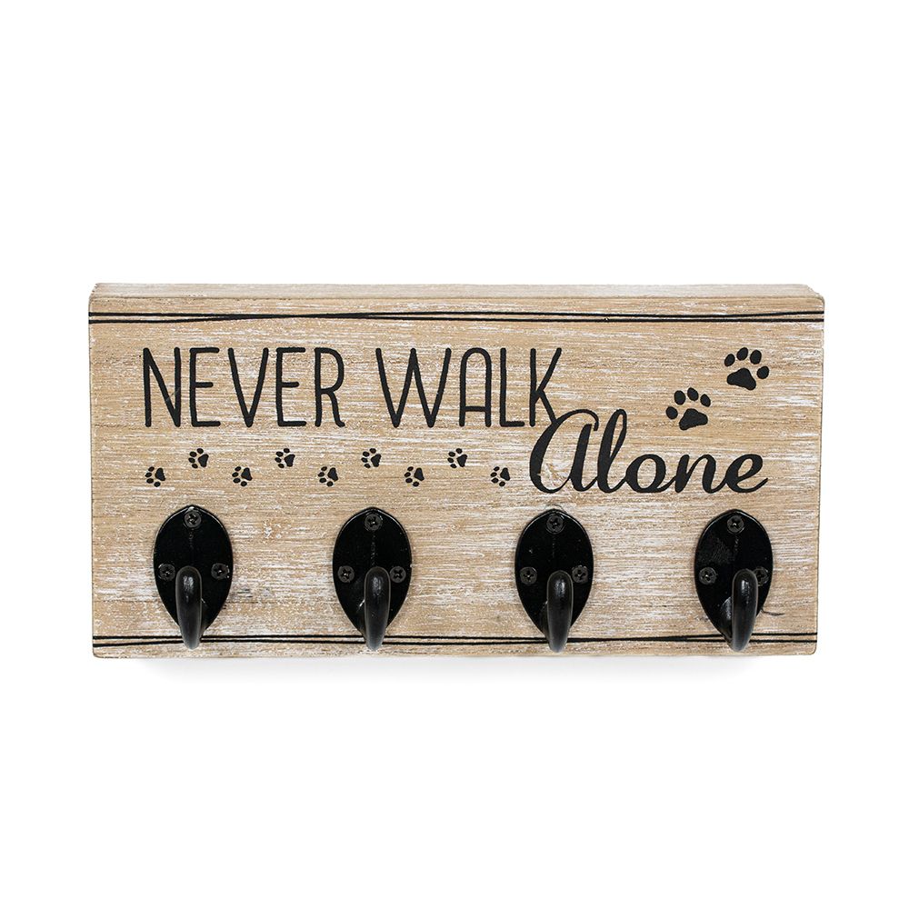 8" x 4" Wood Hook Board - Never Walk Alone | Natural and Black | Fur Babies Collection