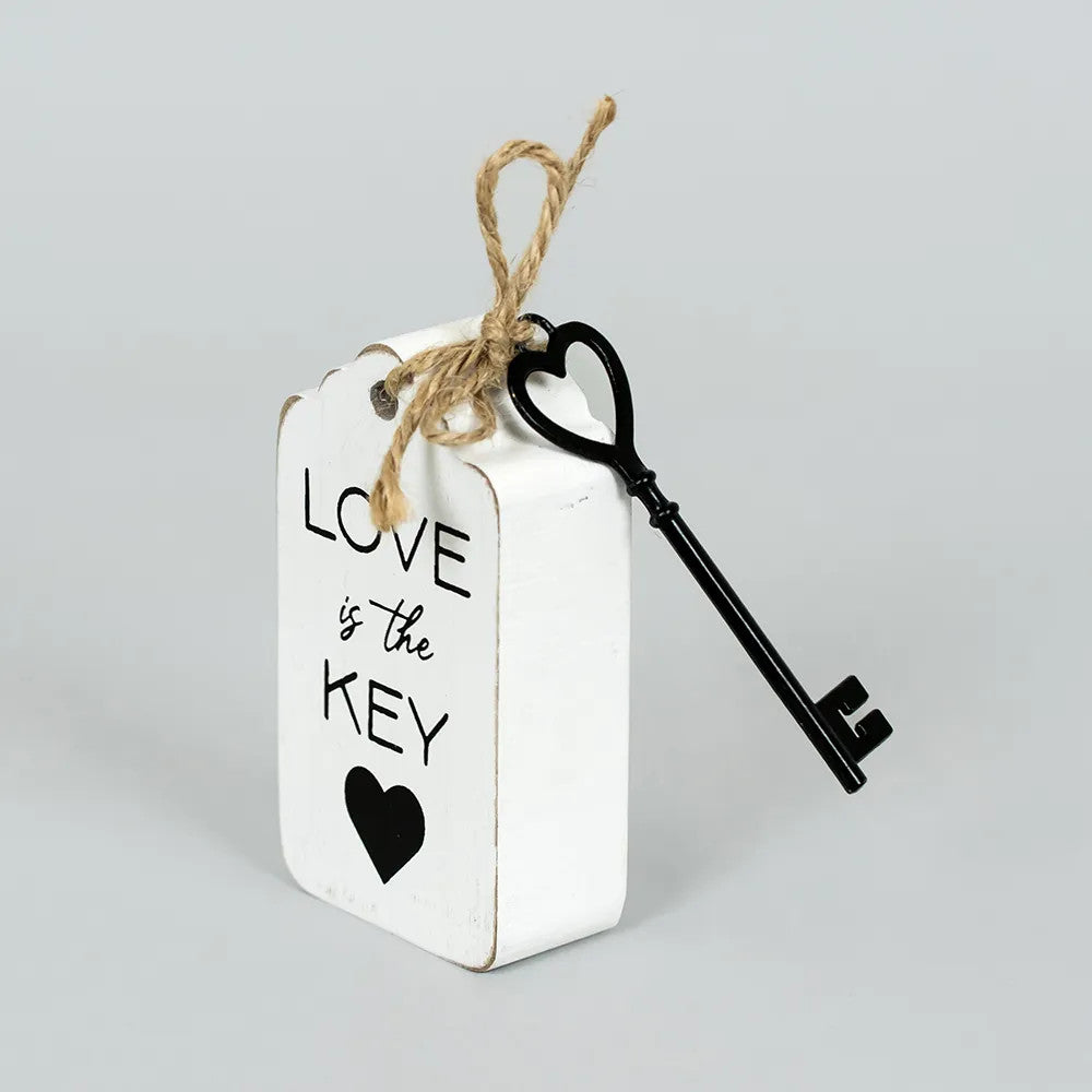 5" Reversible Wood Tag with Key - Love Is The Key | Black and White | You and Me Collection