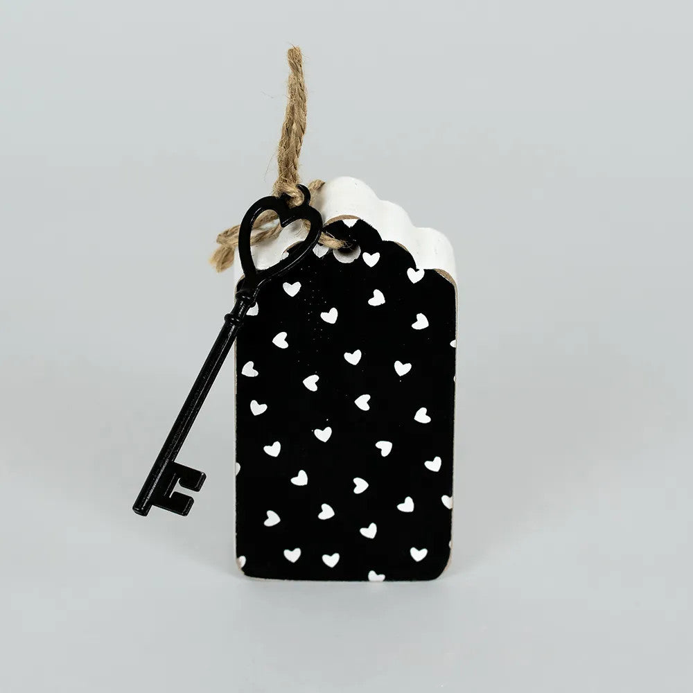 5" Reversible Wood Tag with Key - Love Is The Key | Black and White | You and Me Collection