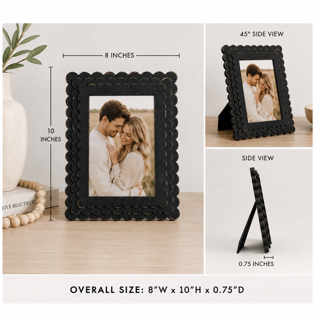 Black scalloped wood picture frame holding a 5x7 photo