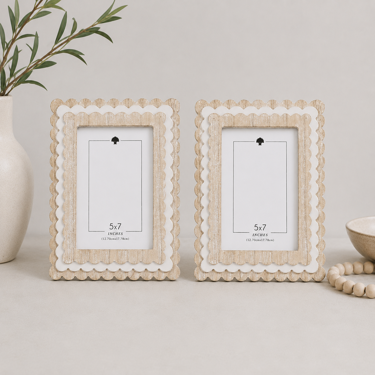Natural and White scalloped wood picture frame holding a 5x7 photo, back easel view