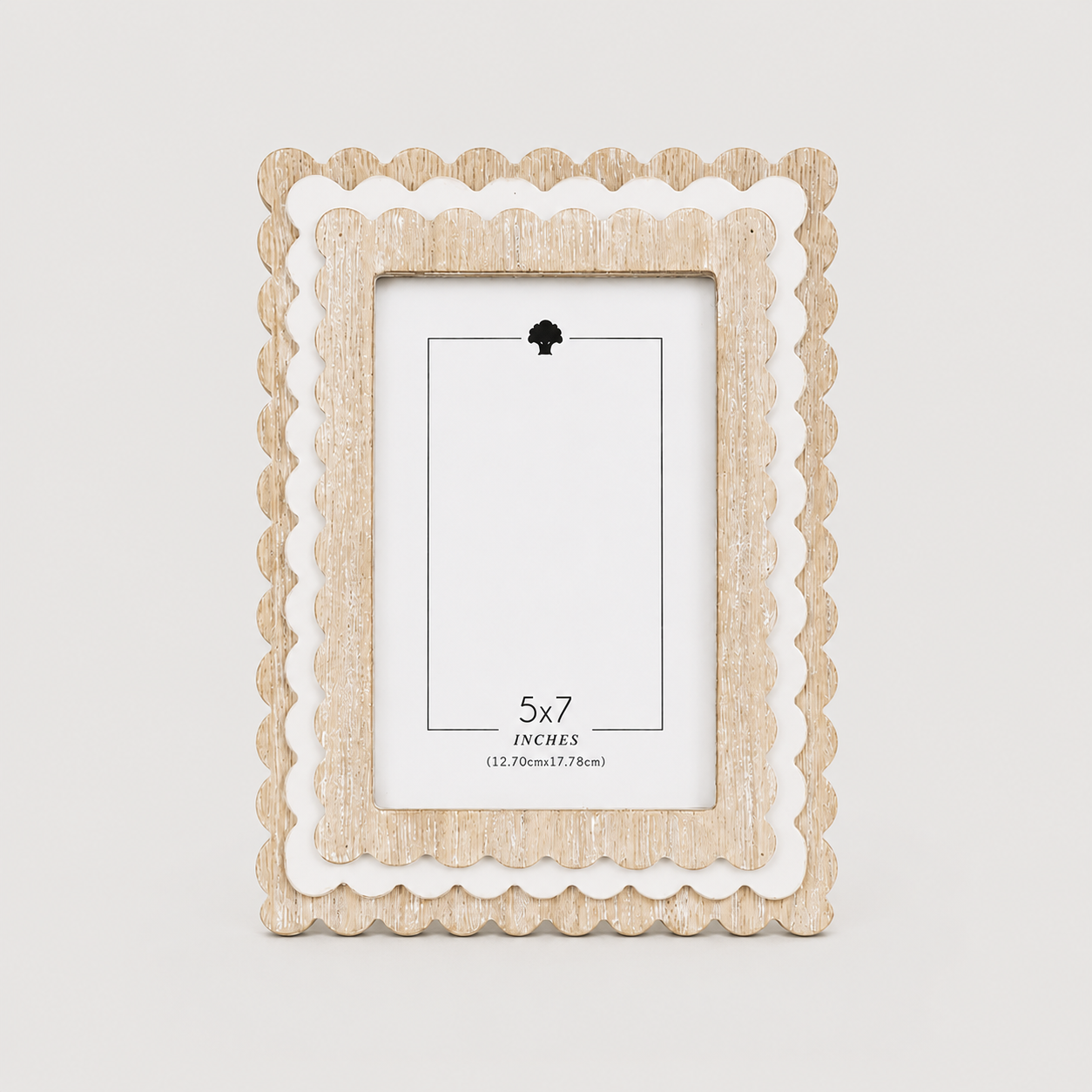 Natural and White scalloped wood picture frame holding a 5x7 photo