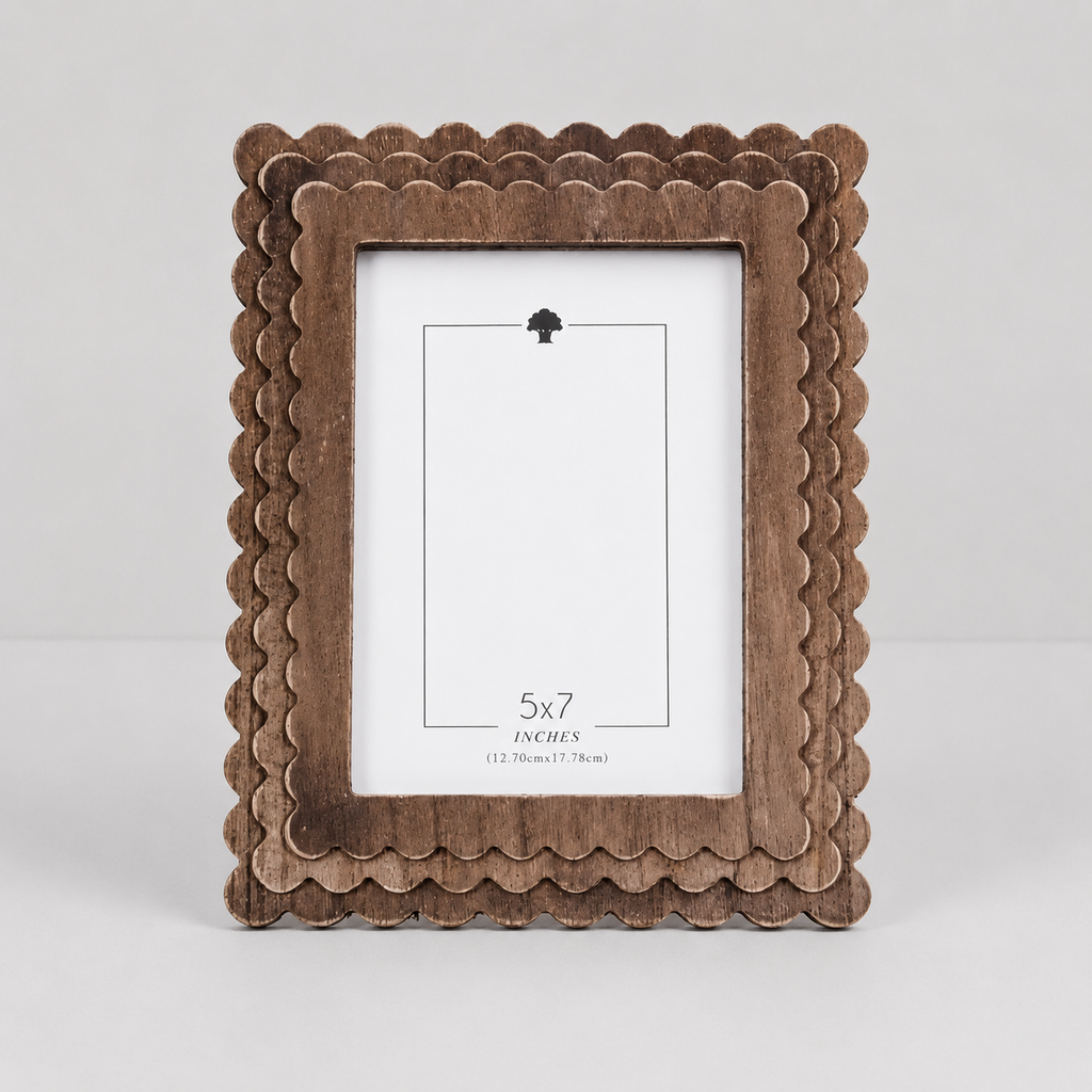 Espresso scalloped wood picture frame holding a 5x7 photo