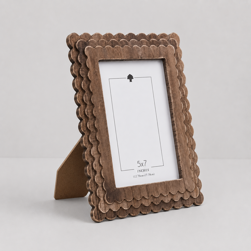 Espresso scalloped wood picture frame holding a 5x7 photo