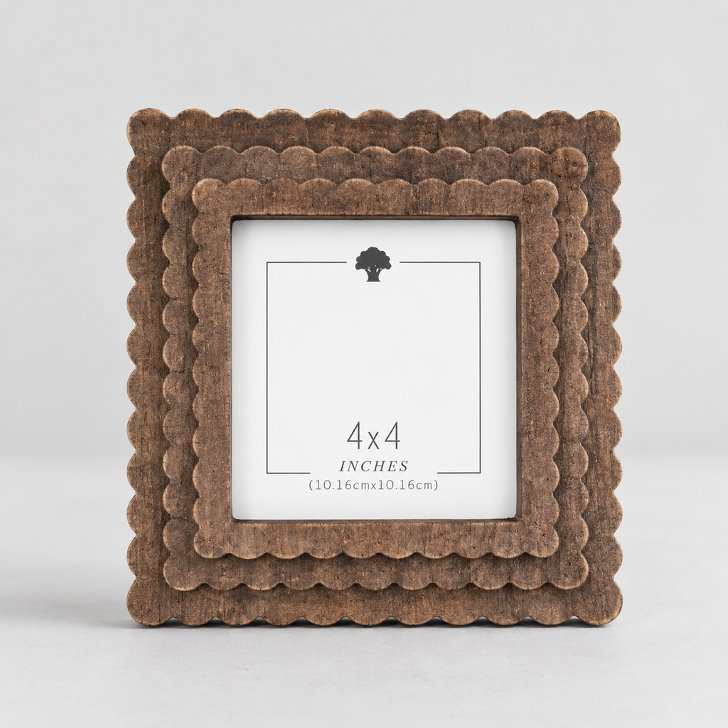 Espresso scalloped wood picture frame holding a 4x4 photo