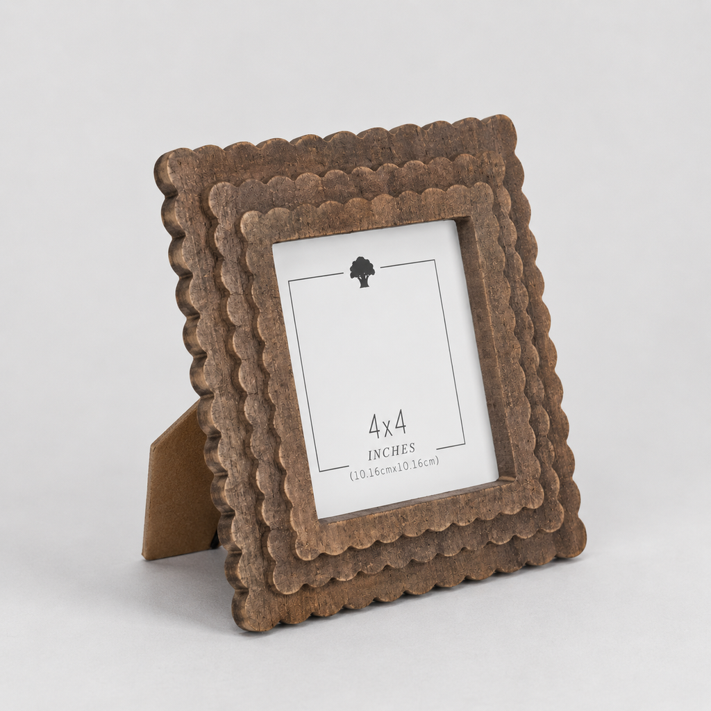 Espresso scalloped wood picture frame holding a 4x4 photo