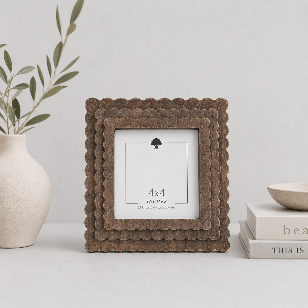 Espresso scalloped wood picture frame holding a 4x4 photo, side detail view