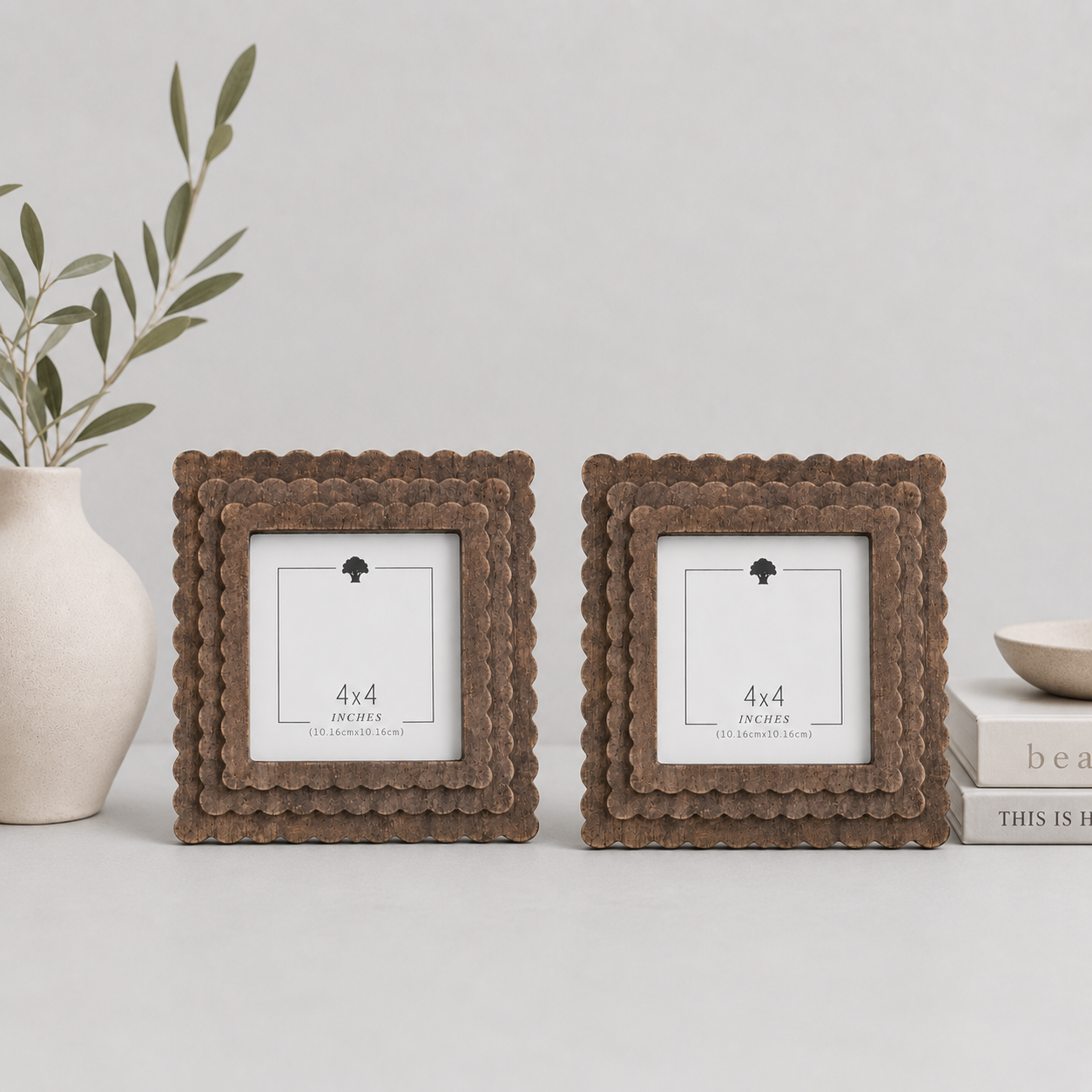Espresso scalloped wood picture frame holding a 4x4 photo, back easel view