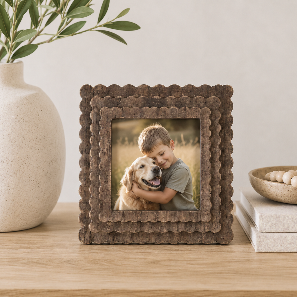 Espresso scalloped wood picture frame holding a 4x4 photo, front view