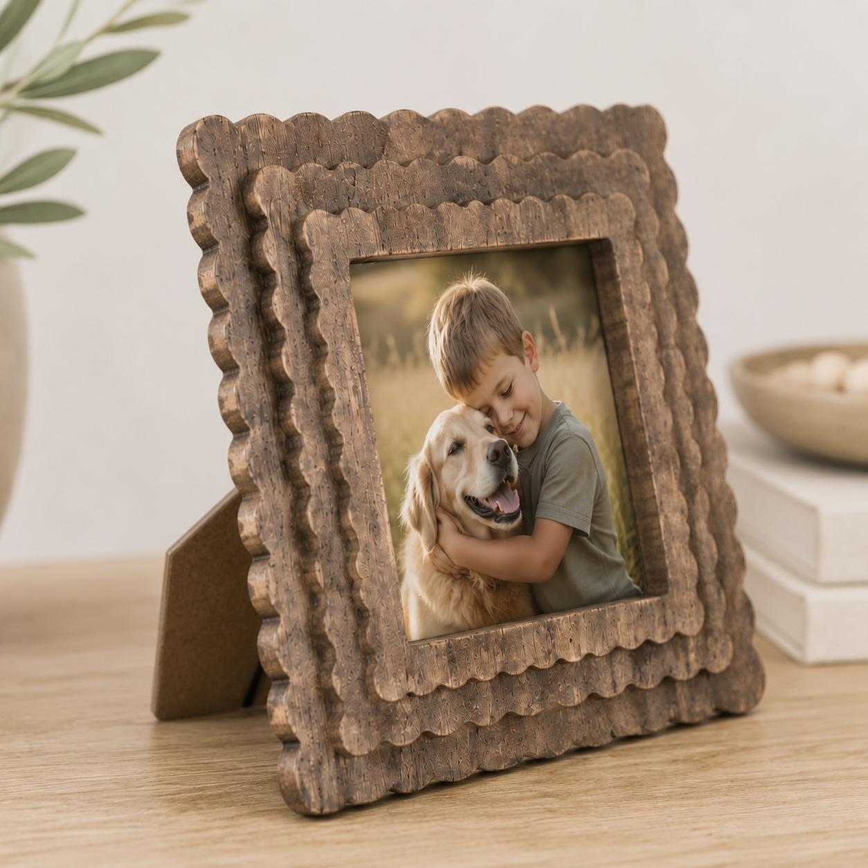 Espresso scalloped wood picture frame holding a 4x4 photo, angled view