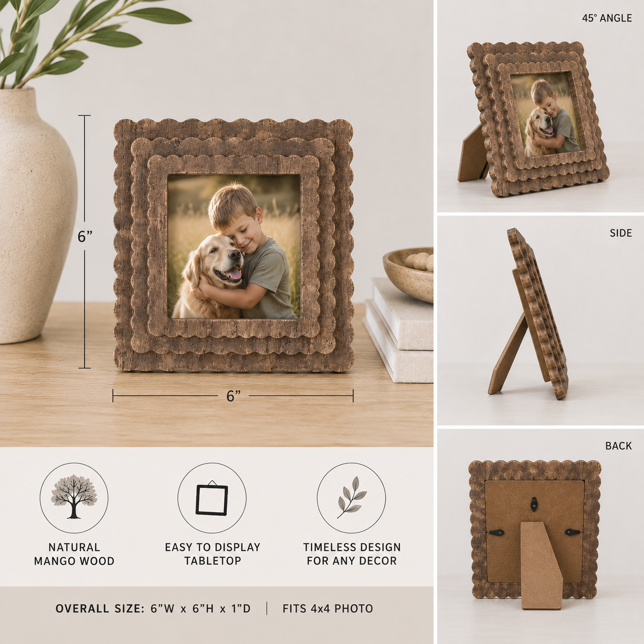 Espresso scalloped wood picture frame holding a 4x4 photo