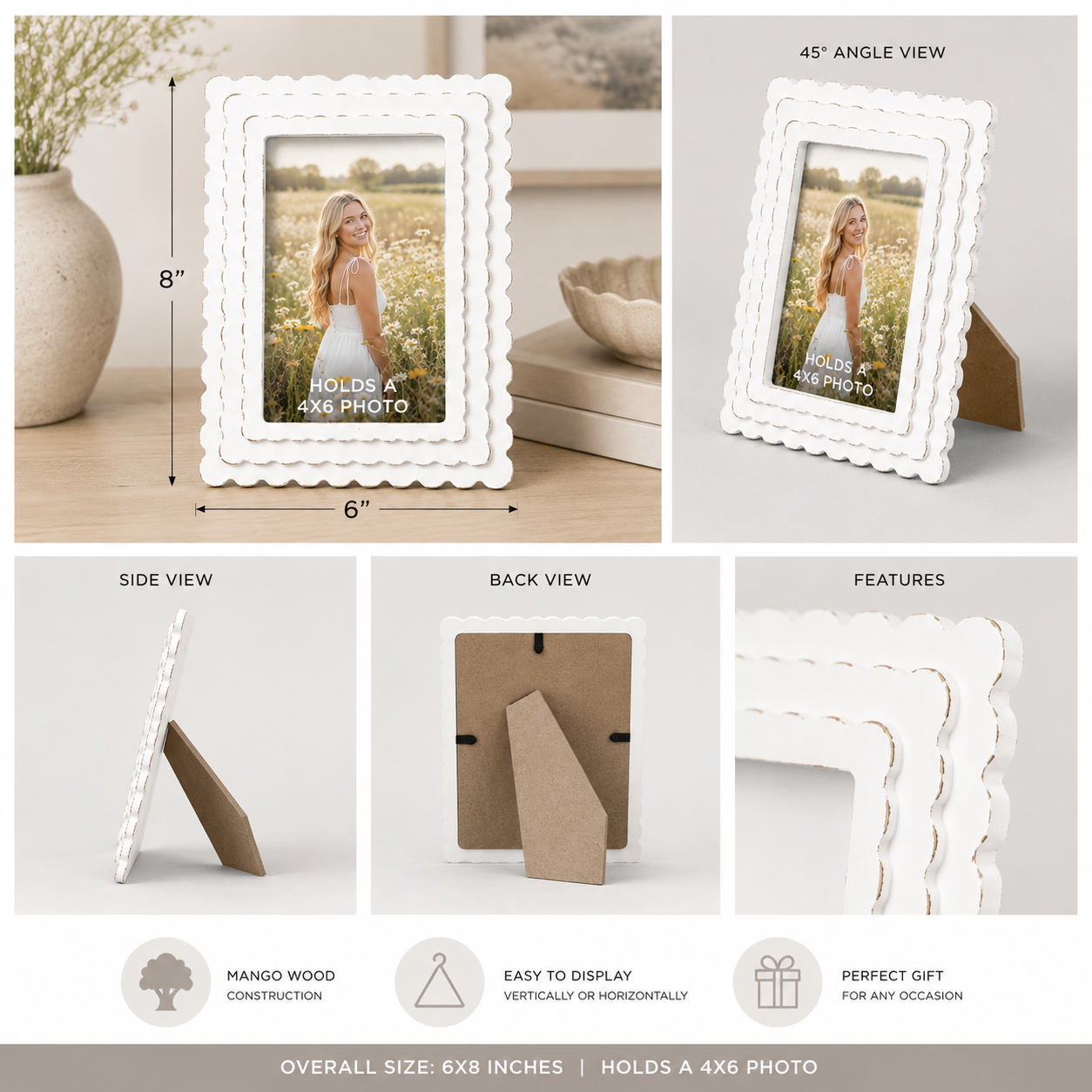 6" x 8" Scalloped Picture Frame - White | Holds 4x6 Photo