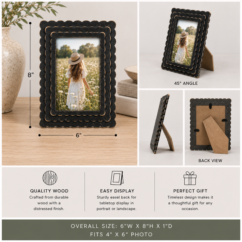 6" x 8" Scalloped Picture Frame - Black | Holds 4x6 Photo