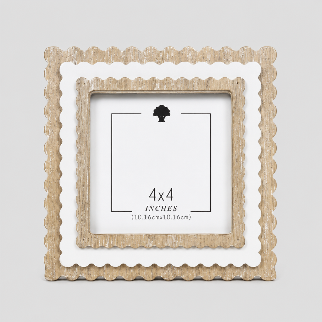 6" Scalloped Picture Frame - Natural and White | Holds 4x4 Photo