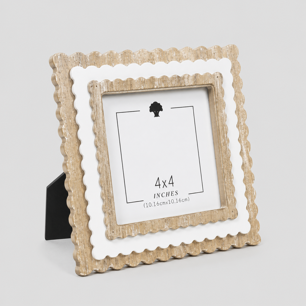 6" Scalloped Picture Frame - Natural and White | Holds 4x4 Photo