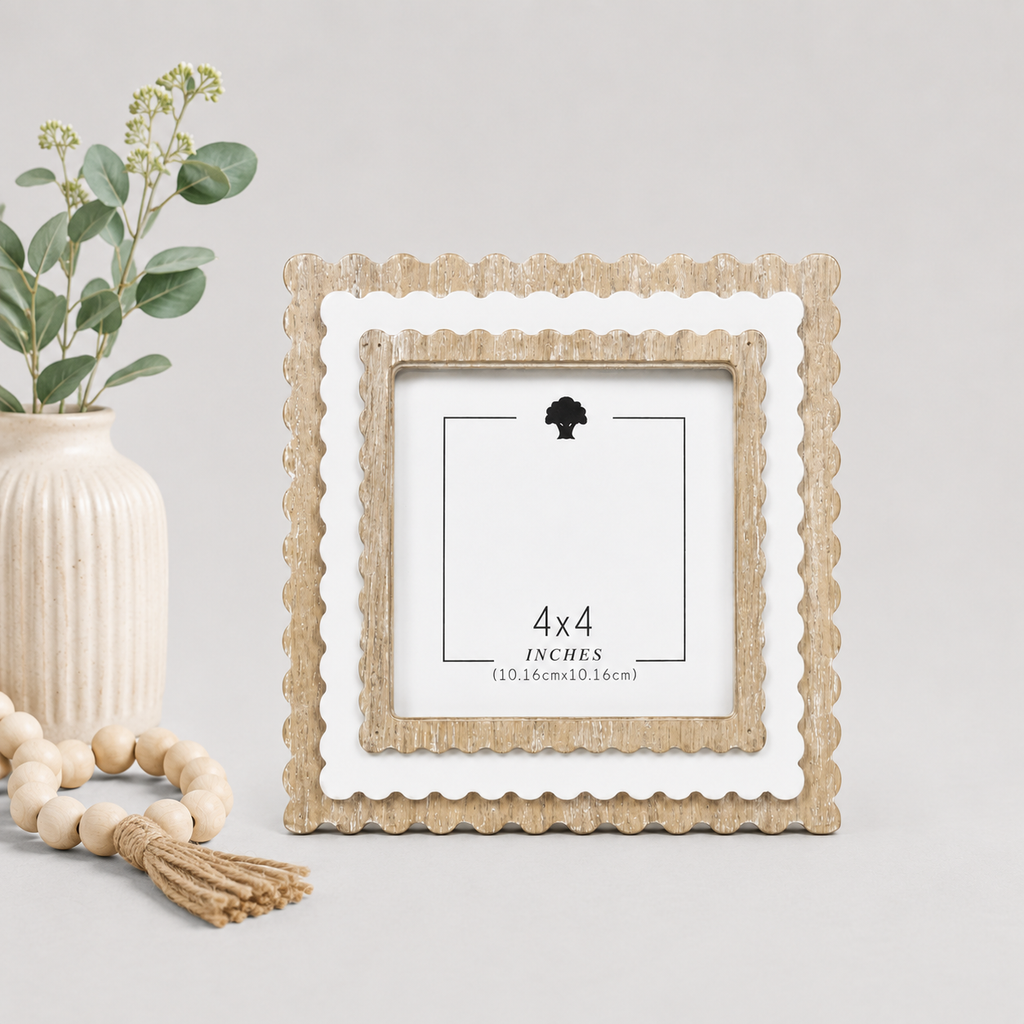 6" Scalloped Picture Frame - Natural and White | Holds 4x4 Photo