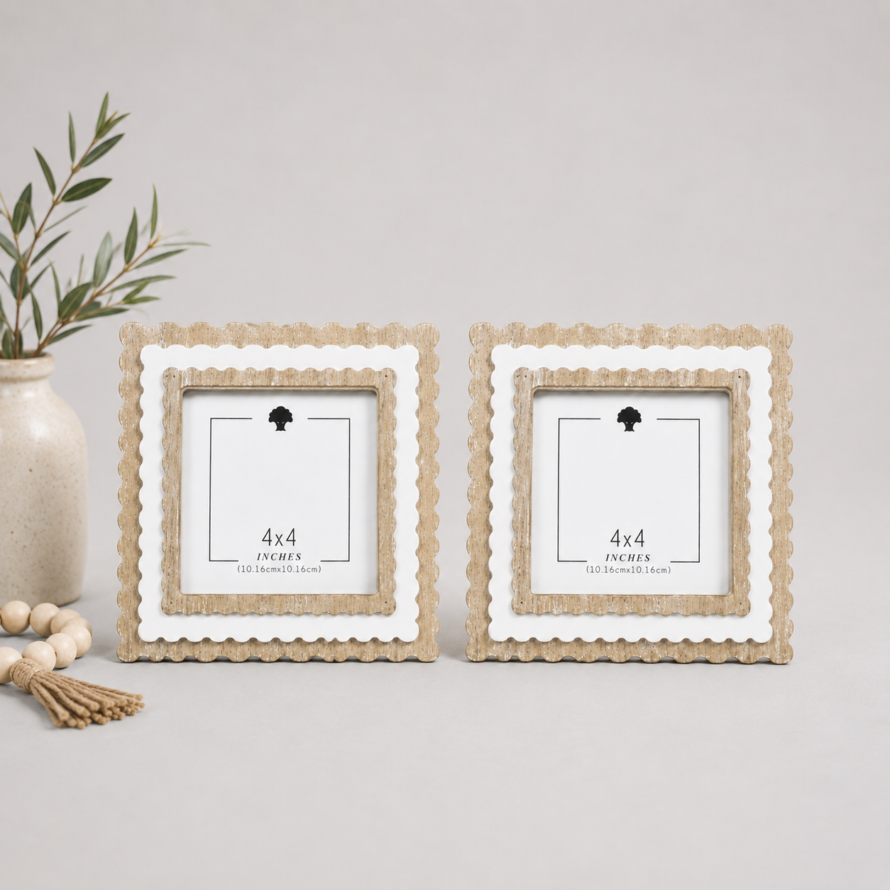 6" Scalloped Picture Frame - Natural and White | Holds 4x4 Photo