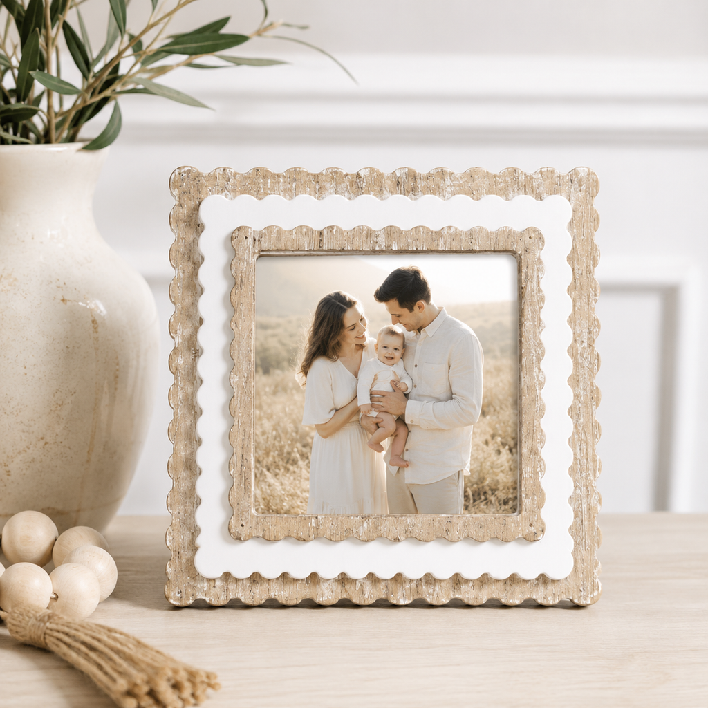6" Scalloped Picture Frame - Natural and White | Holds 4x4 Photo