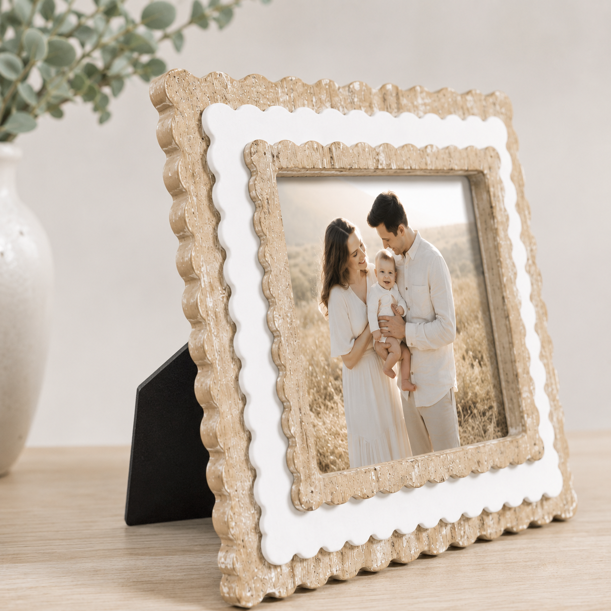 6" Scalloped Picture Frame - Natural and White | Holds 4x4 Photo