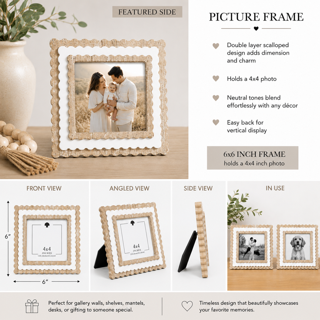 6" Scalloped Picture Frame - Natural and White | Holds 4x4 Photo