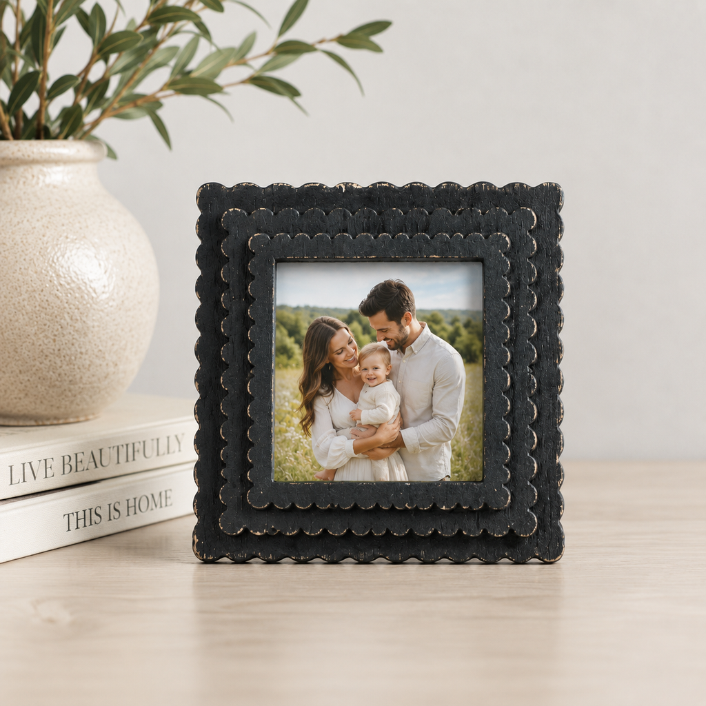 6" Scalloped Picture Frame - Black | Holds 4x4 Photo