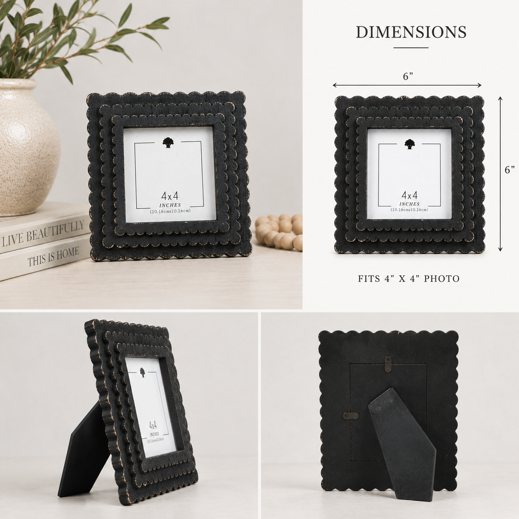 6" Scalloped Picture Frame - Black | Holds 4x4 Photo