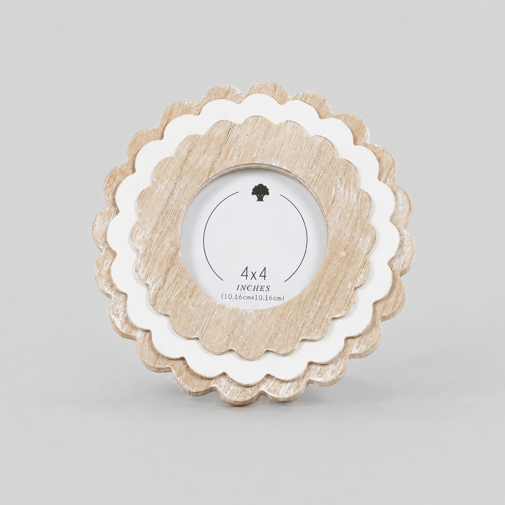 Natural and White round scalloped wood picture frame holding a 4x4 photo