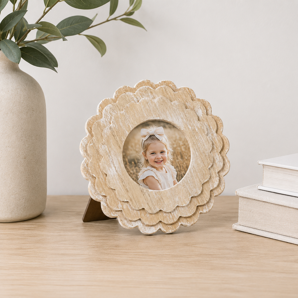 Natural round scalloped wood picture frame holding a 4x4 photo, side detail view
