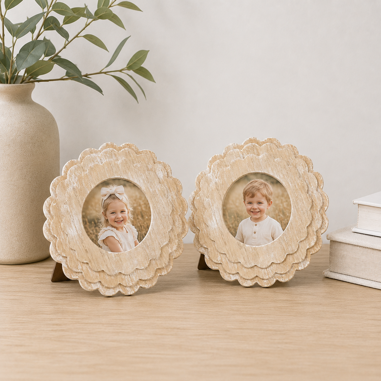 Natural round scalloped wood picture frame holding a 4x4 photo, back easel view
