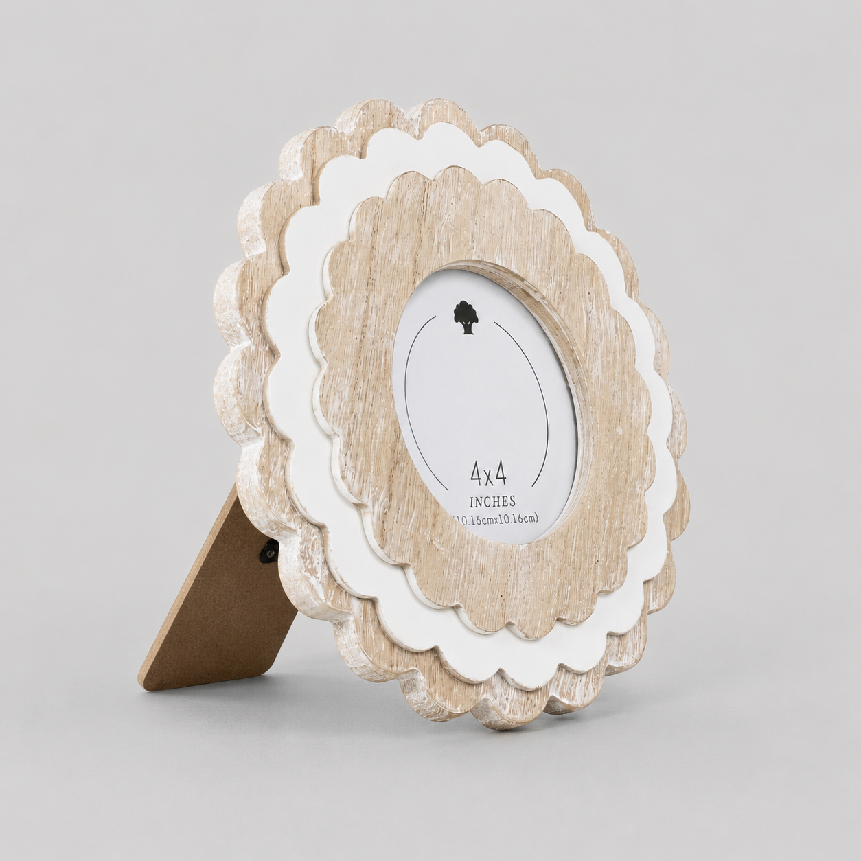 Natural and White round scalloped wood picture frame holding a 4x4 photo