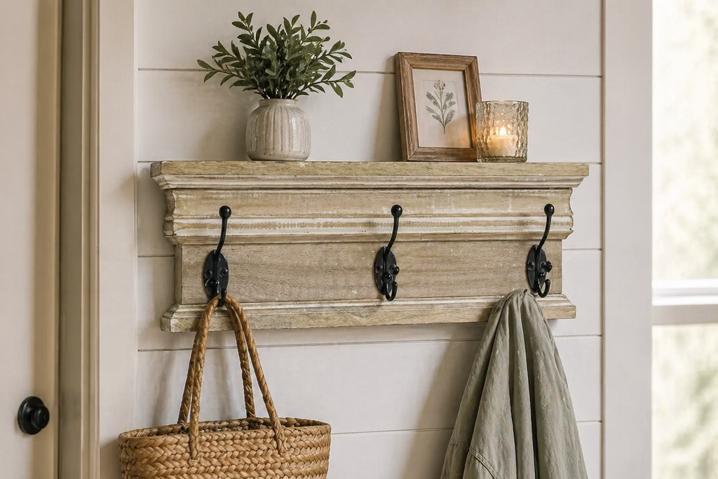 19" Mango Wood Shelf with 3 Hooks - Natural, Black and White