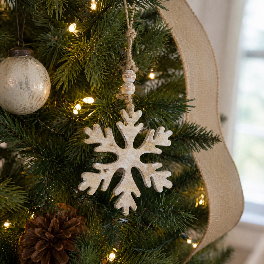 5" Mango Wood Ornament - Snowflake | Natural White