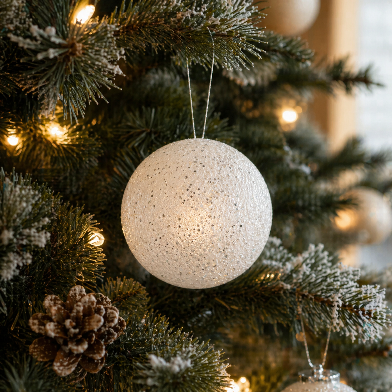 8" Glitter Ball Ornament - White