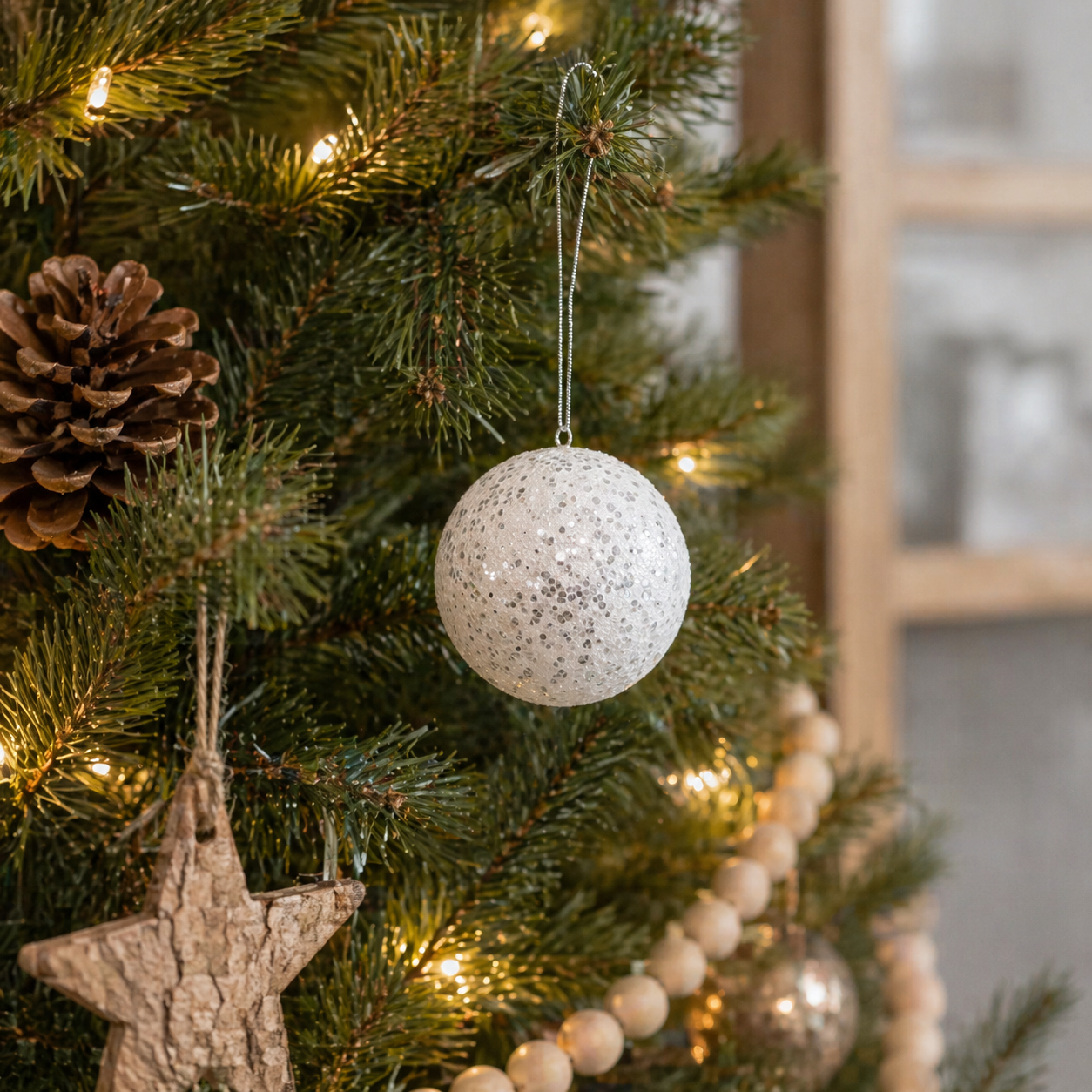 5" Glitter Ball Ornament - White
