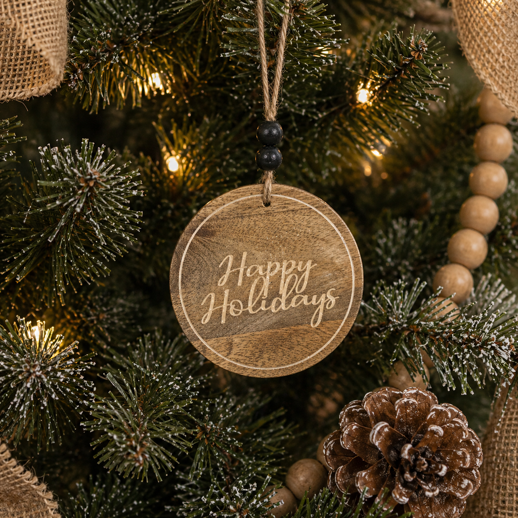 4" Mango Wood Ornament - Happy Holidays | Sundara Collection