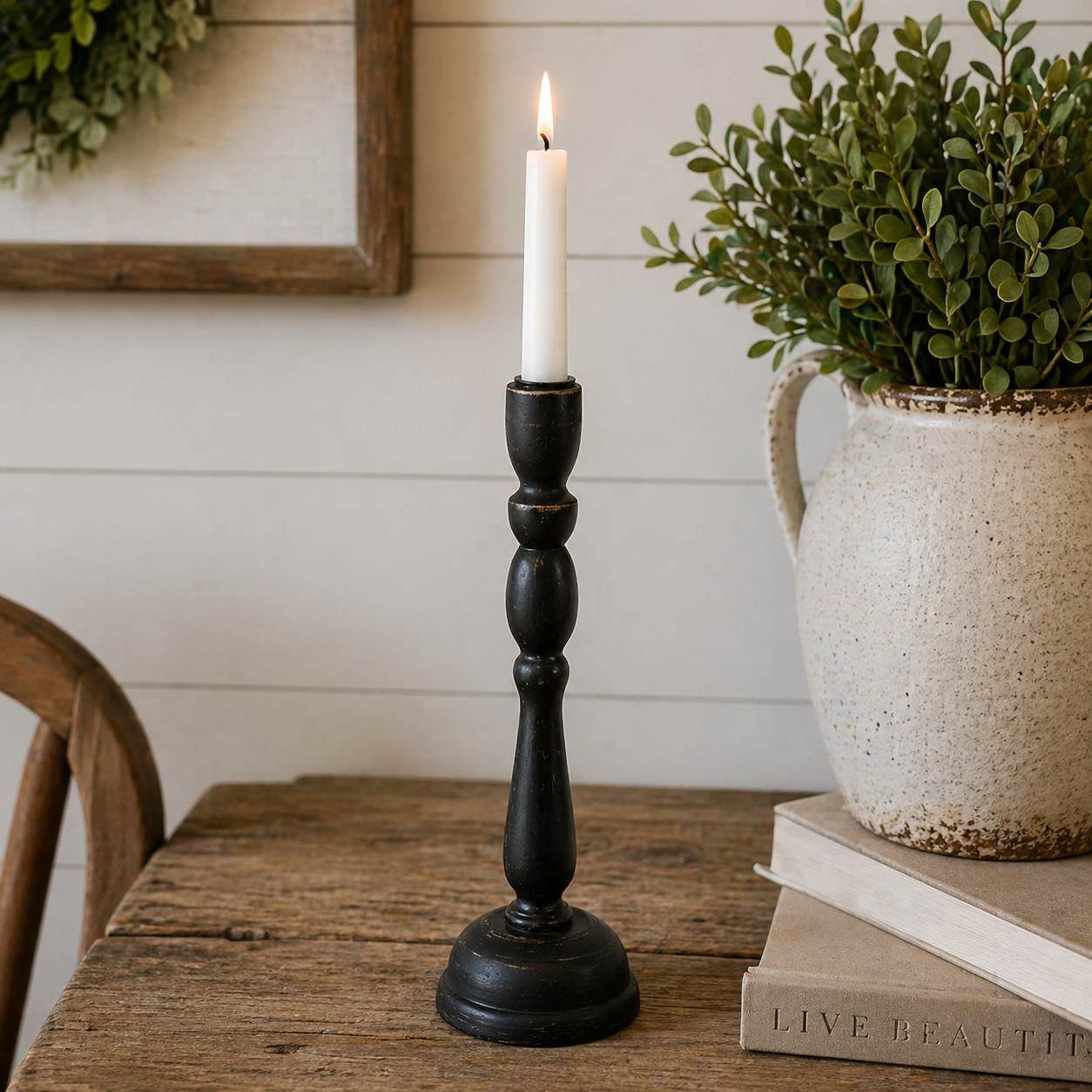 15" Wood Candle Holder - Black