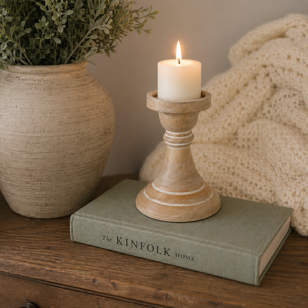 6" Mango Wood Candle Holder - White Washed