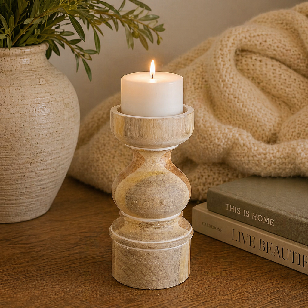 8" Mango Wood Candle Holder - Natural and White