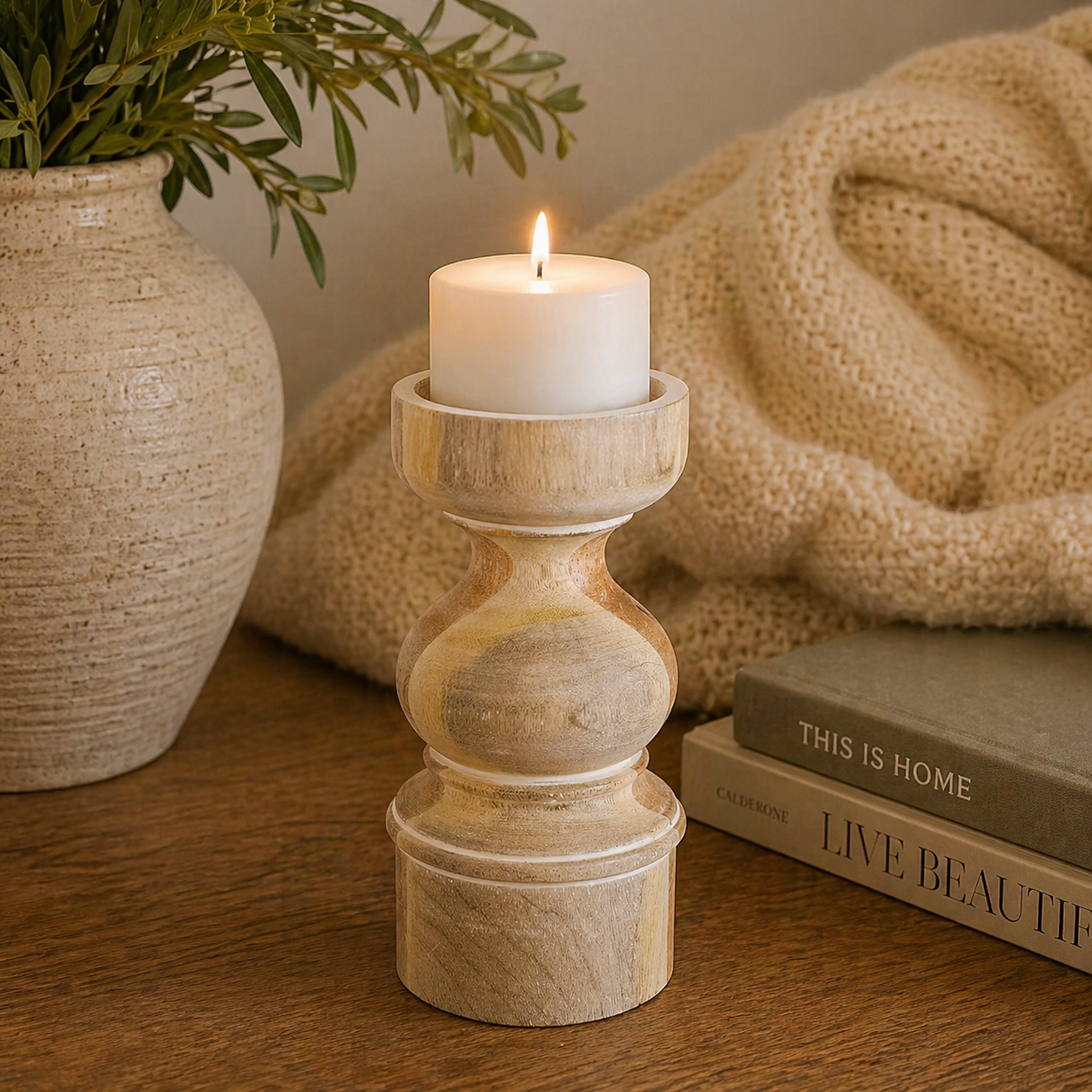 8" Mango Wood Candle Holder - Natural and White