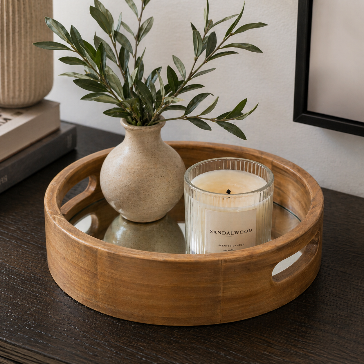 10" Round Wood Mirror Tray - Natural | Neutral Mod Collection