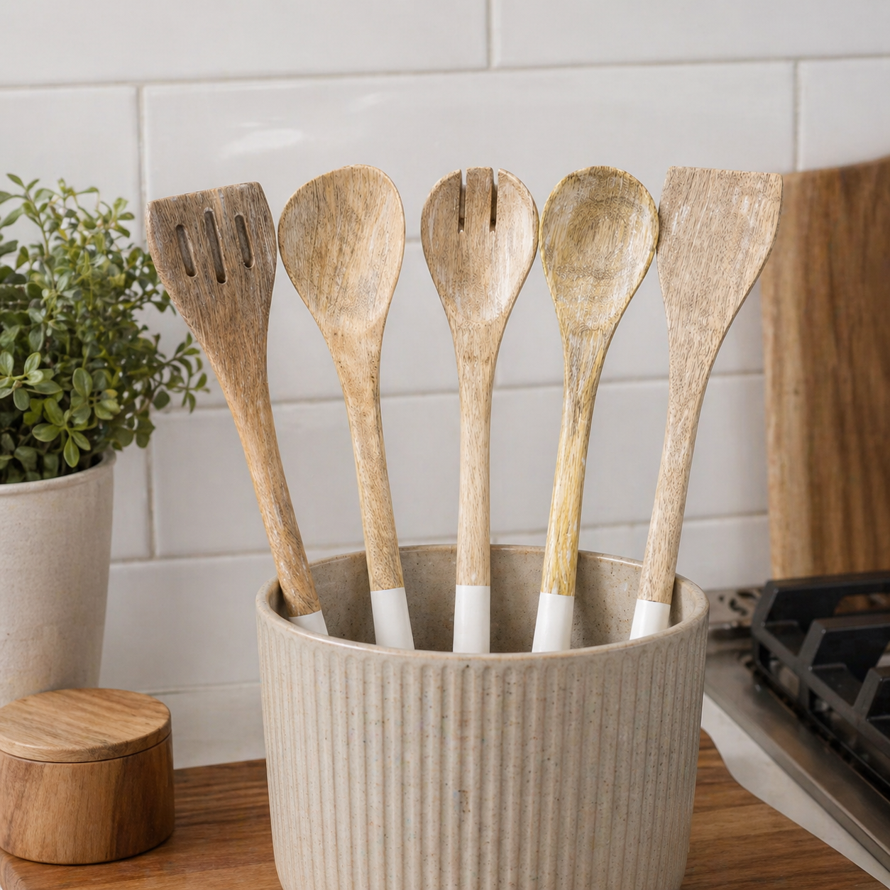 12" Mango Wood Serving Spoons - Natural and White (Set of 5)