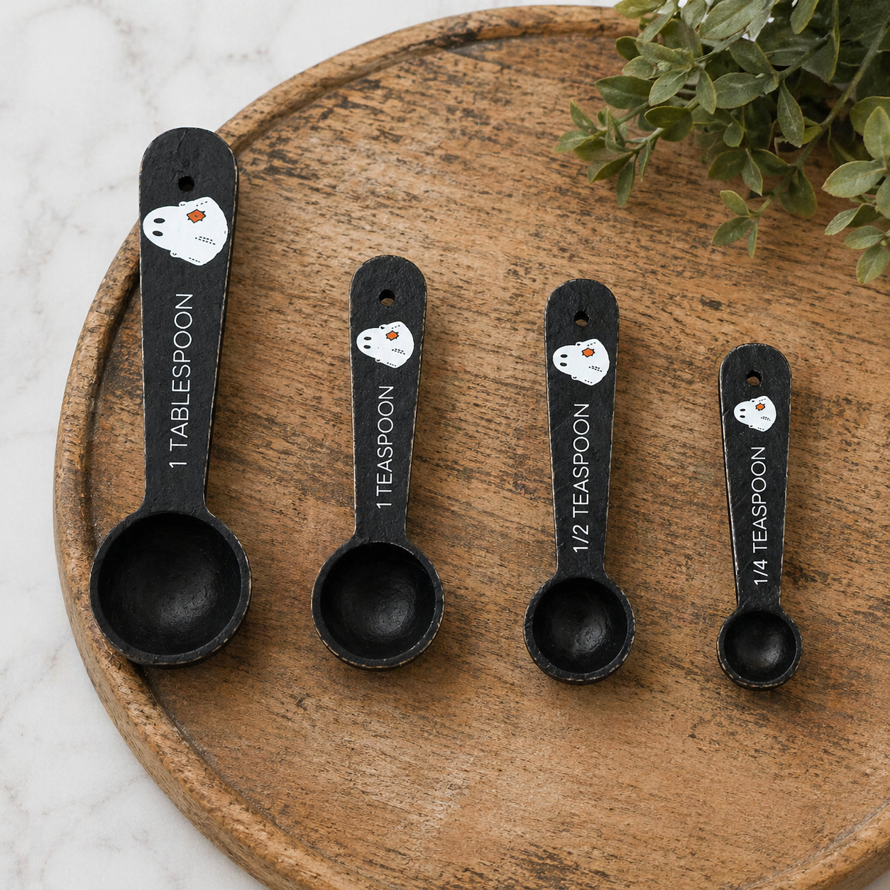 Decorative Wood Teaspoon Set - Black and White Ghost (Set of 4)