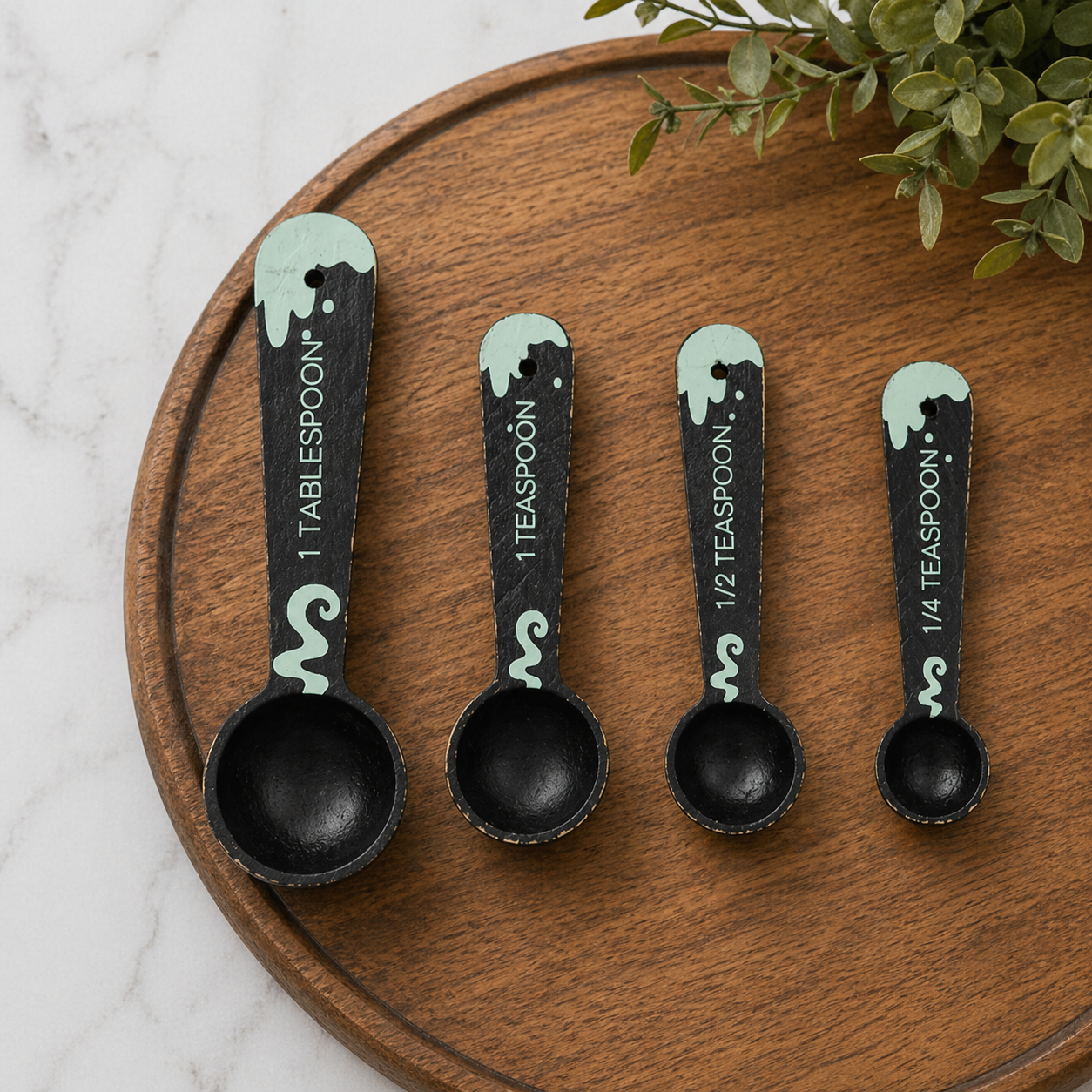 Decorative Wood Teaspoon Set - Black and Green (Set of 4)