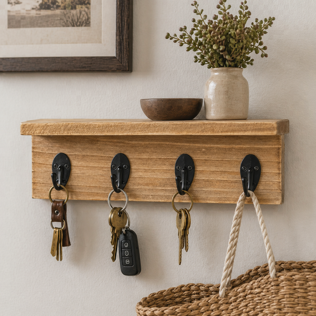 10" Wood Shelf with Ledge & 4 Hooks - Natural and Black