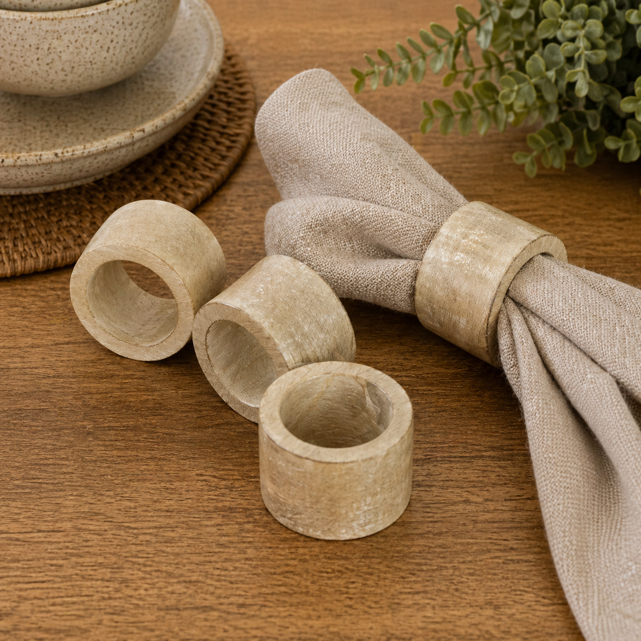 3" Mango Wood Round Napkin Rings - Natural (Set of 4)