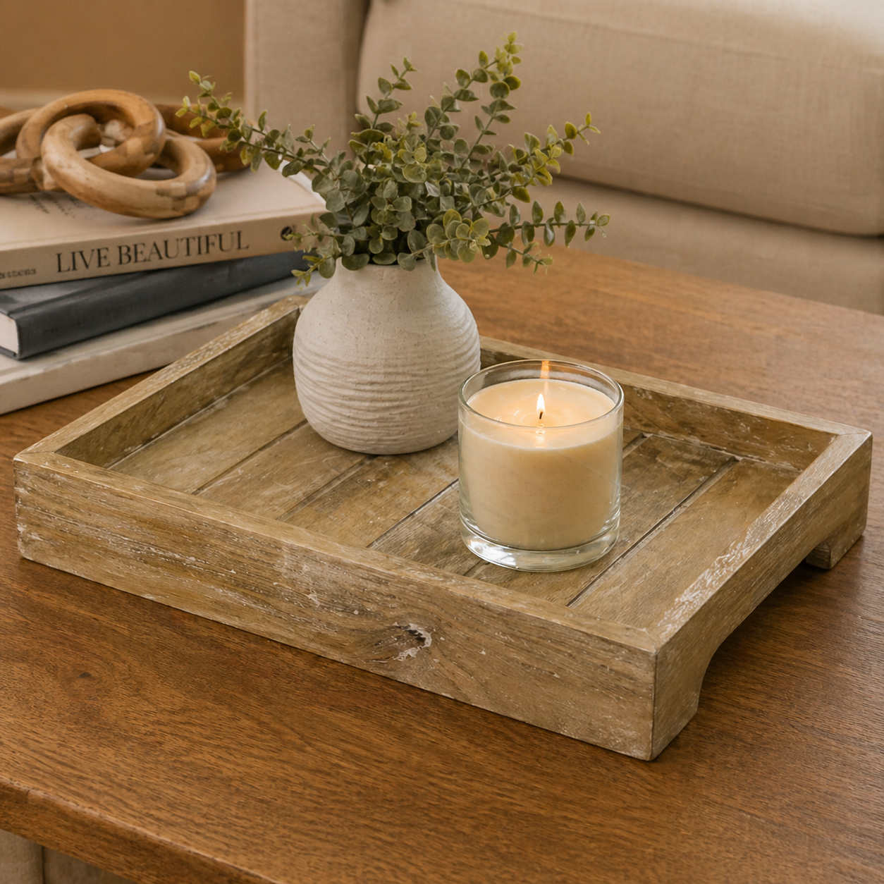 16" x 10" Mango Wood Tray - Natural White