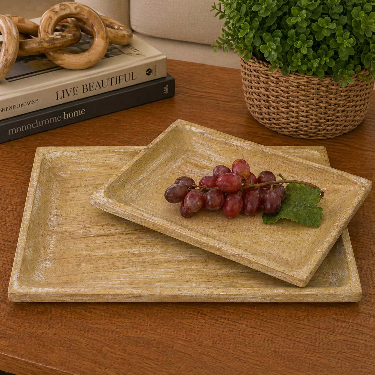 Mango Wood Platter Set - Natural and White (Set of 2) | 14x10 & 12x8