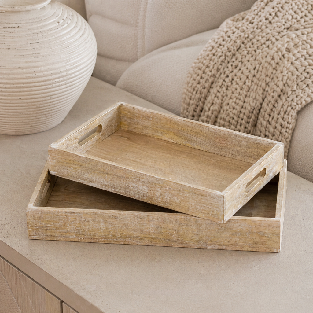 Mango Wood Nested Trays - Natural and White (Set of 2)