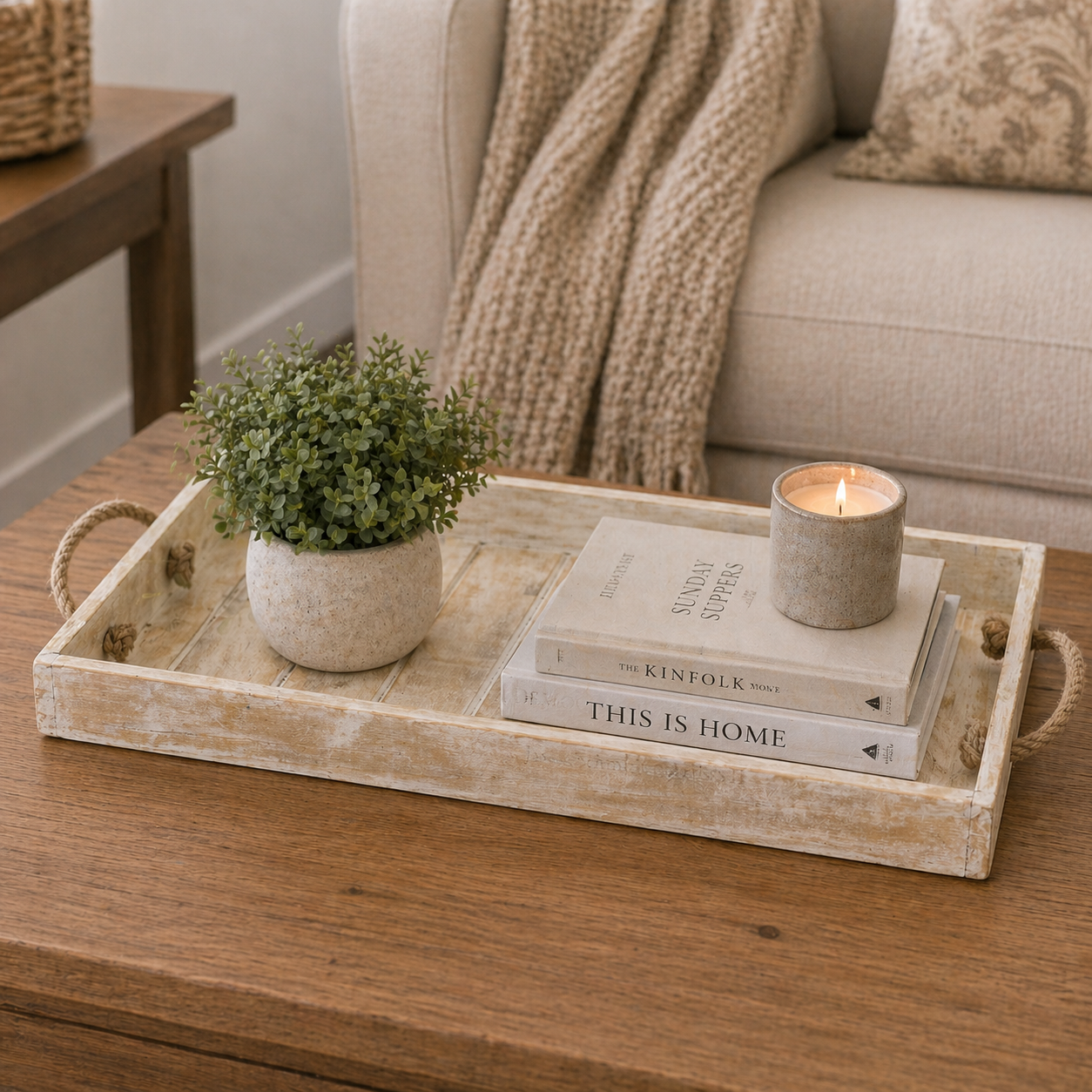 20" x 8" Mango Wood Shiplap Tray - Natural White